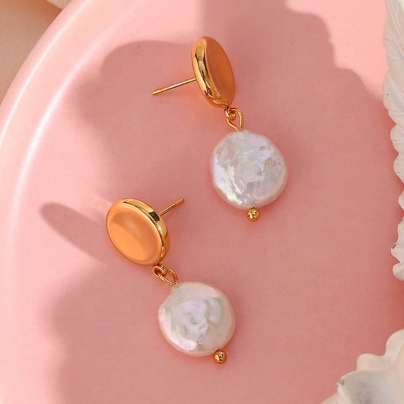 18K Gold Plated Round Stud Fresh Water Pearl Drop Earrings Stainless Steel - Picture 7 of 8